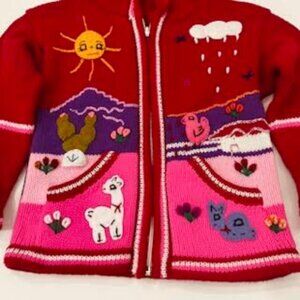 Red Hooded Artisans Peruvian Knitted Handmade Jacket Youth Girls Embroidered